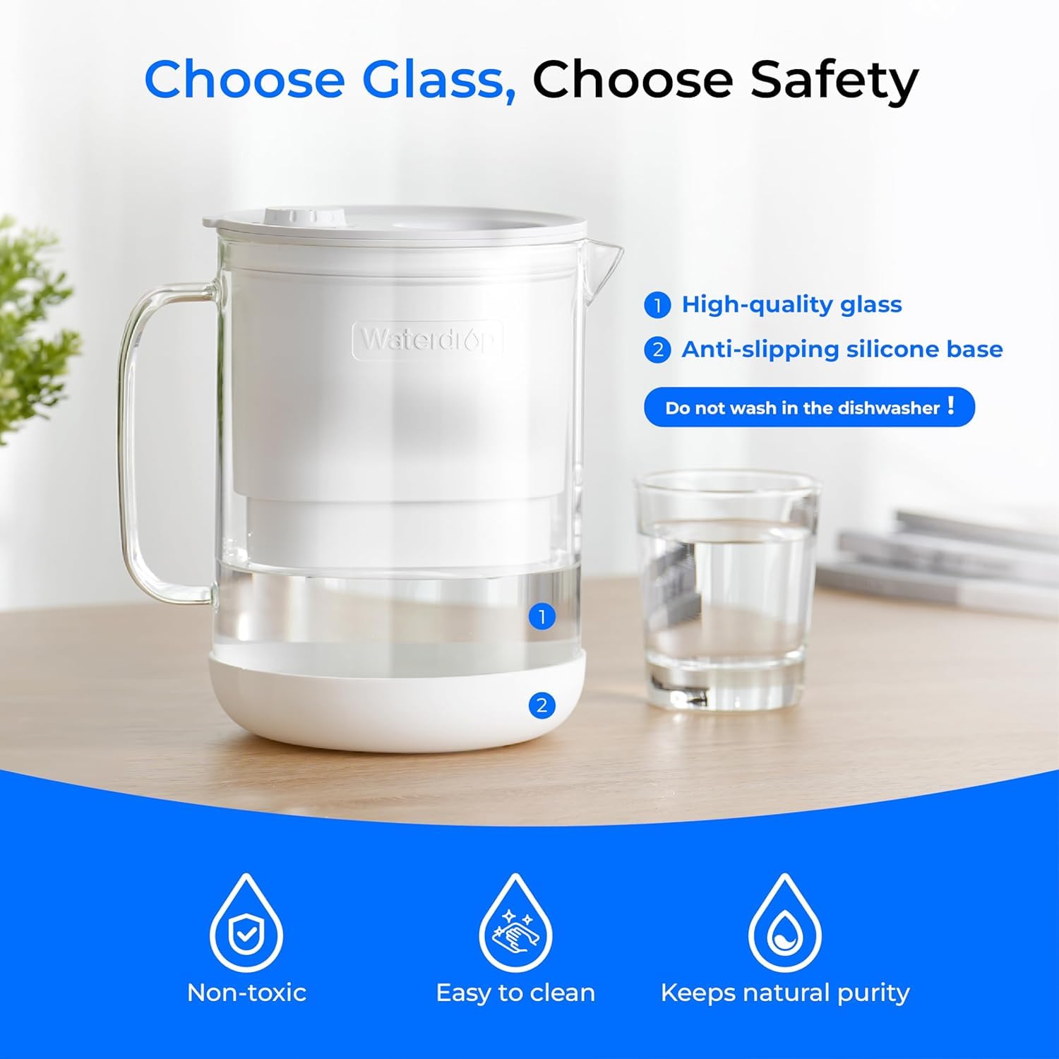Waterdrop Glass Water Filter Pitcher with 4 Filters, Eco-Friendly, with NSF 53&42&372 Certified Filter, 7-Cup, Reduces PFOA/PFOS, Chlorine, Cadmium, Copper, Mercury, BPA Free, Easy to Clean