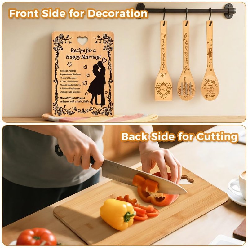 Recipe for a Happy Marriage Gift Set, Bamboo Cutting Board with Engraved Utensils, Unique Wedding, Engagement, Bridal Shower Gift for Couples, Him and Her, Mr and Mrs Newlywed Kitchen Set