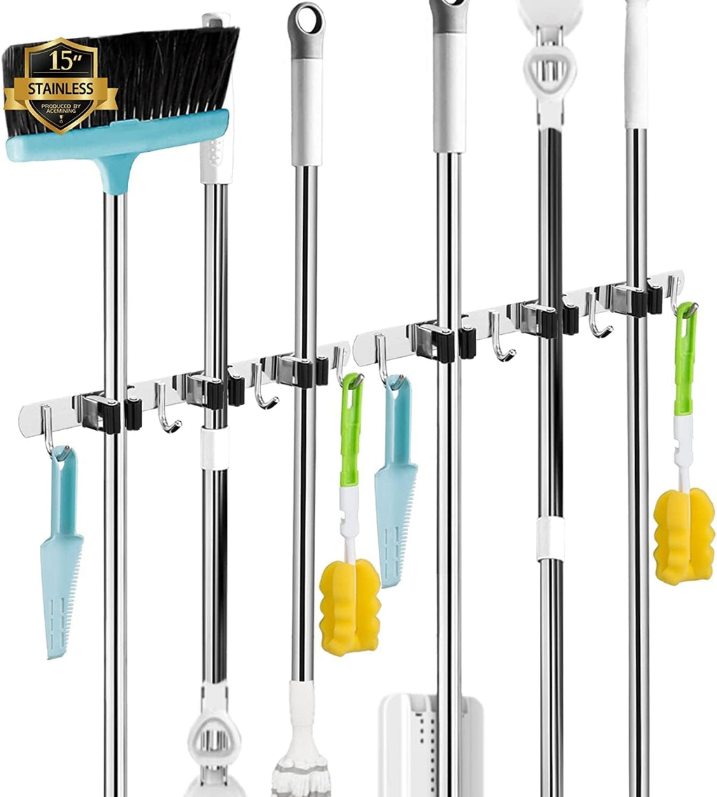 Skiennix Wall Mounted Broom and Mop Holder - Heavy Duty Stainless Steel Organizer | 2 Pack with 3 Racks & 4 Hooks
