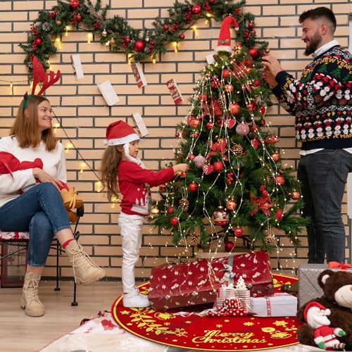 Merry Christmas Tree Skirt,48 inches Xmas Decorations Red Gold