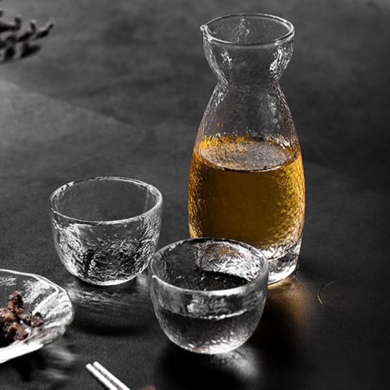 Japanese Sake Set with Hammered Glass Pot & 4 Cups - Elegant Drinkware