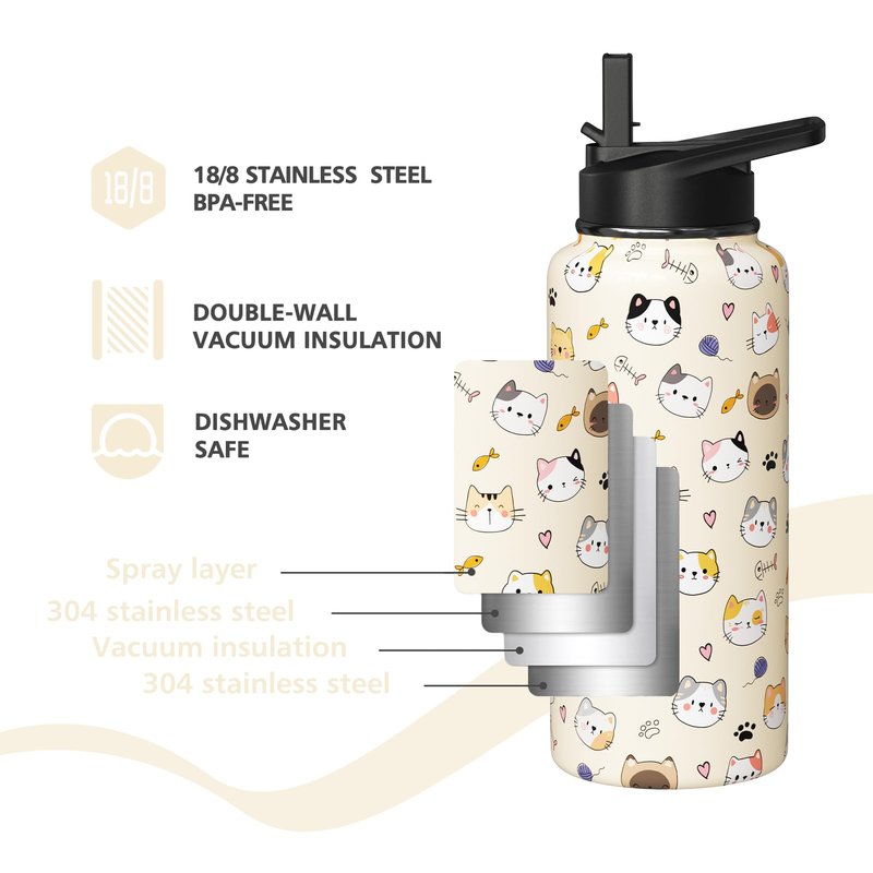 Sabobo 40oz Cats Water Bottles with Flip Straw & Spout Lid, Double Wall Stainless Steel Travel Sport Bottle, Cream Gym Gifts for Women Men (1PC)