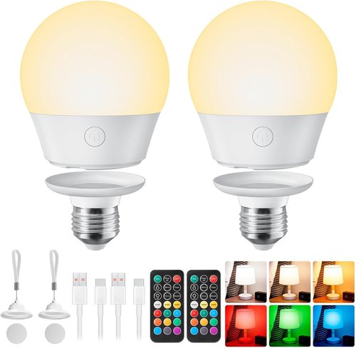 Brightown E26 Rechargeable Light Bulb - Remote & Timer, Dimmable with 3 Color Temperatures + 9 RGB Colors | 2 Pack