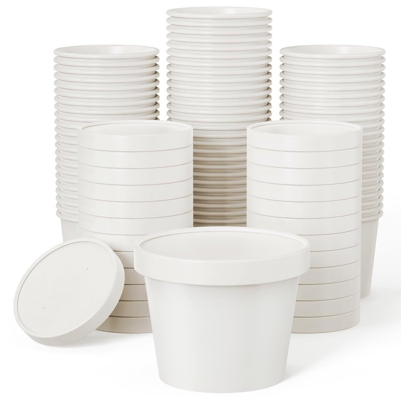 JOLLY PARTY 50pack 12oz Paper Soup Containers with Lids, Disposable Paper Food Cups, Ice Cream Cups, Food Storage with Lids, Microwavable and Freezer Safe, Suitable for Christmas Thanksgiving(White)