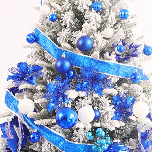 Wironlst 16Pcs Glitter Poinsettia Flowers Blue - Christmas Tree Wreath Decorations