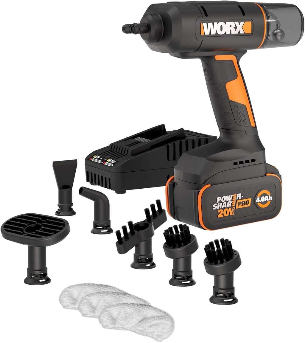 Worx 20V SteamStorm Cordless Handheld Steam Cleaner - Lightweight & Portable with 8-Second Preheat | Includes Accessories