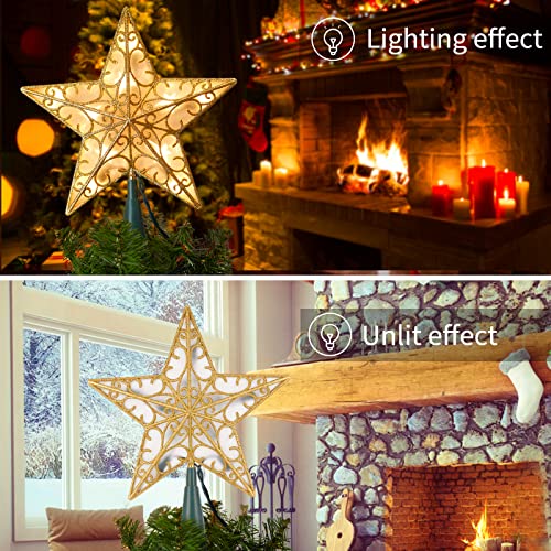 Lighted Christmas Star Tree Topper - 9.5" Gold Glitter 3D Metal Star