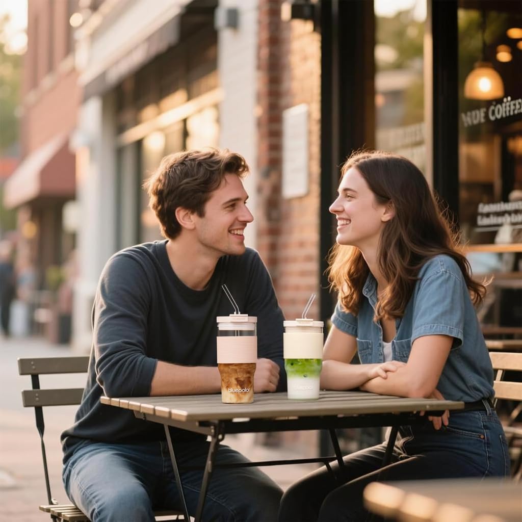23oz/680ml Glass Tumbler with Straw and Lid - Matcha Leak-Proof Portable Travel Water Glass Cup for Smoothies, Iced Coffee,Matcha and Cold Beverages - Durable and Eco-Friendly (Pink with Sleeve)