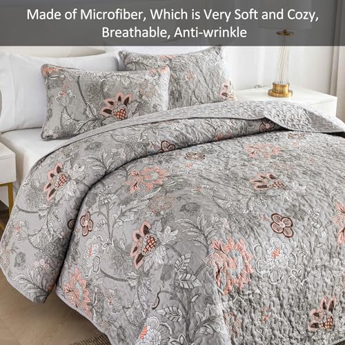 Grey Floral Quilt Set Queen Size - Soft Microfiber Bedding 3-Piece