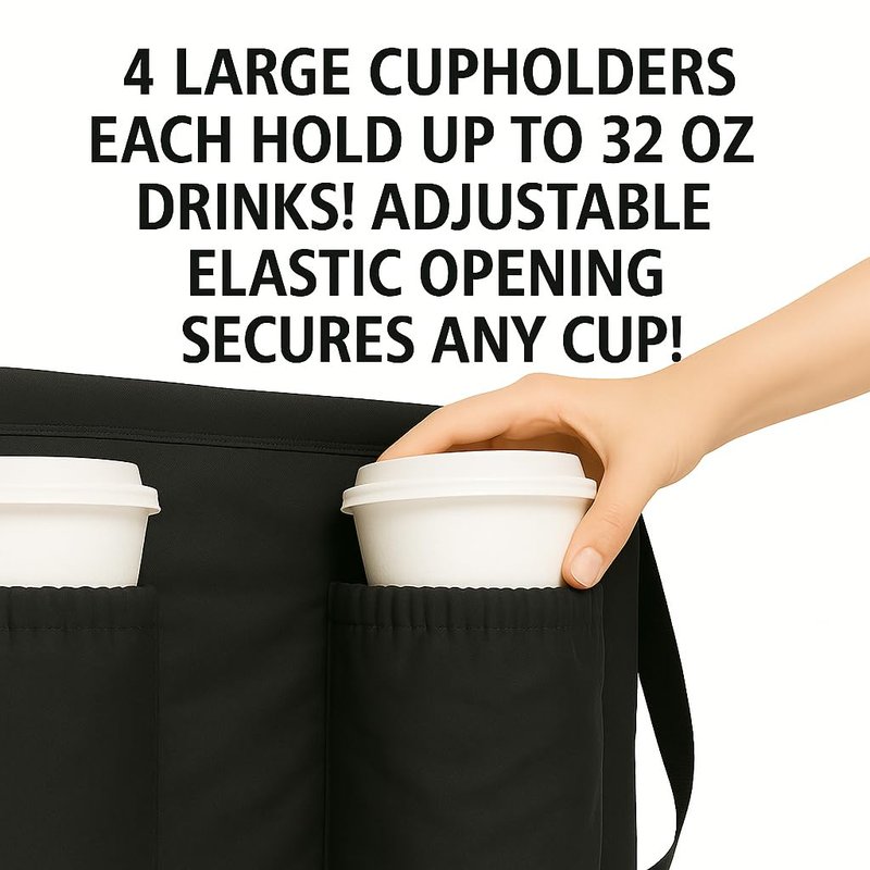 musbus 1Insulated Food Delivery Bag with Cup Holders/Drink Carriers Premium XXL, Great for Beverages, Grocery, Pizza, Commercial Quality Hot & Cold, Black (014)