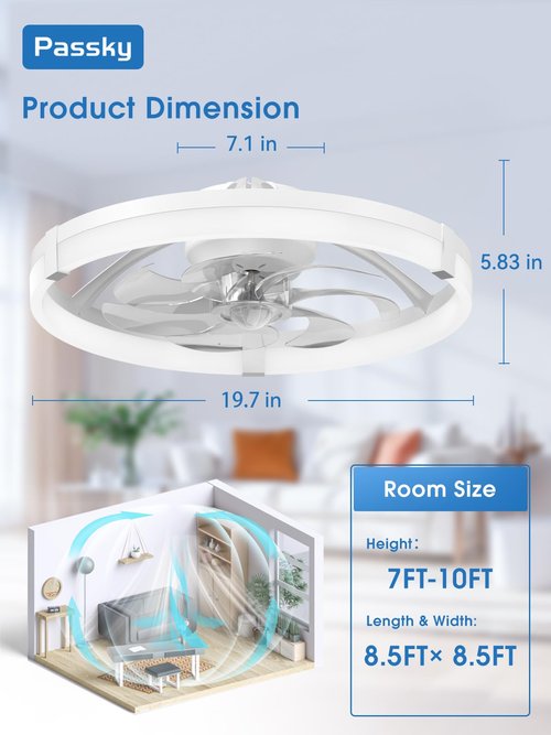 Passky 19.7” Low Profile Ceiling Fan with Lights and Remote, Dimmable LED Flush Mount Fandelier, 6 Speeds, 3000K–6000K, White Modern Ceiling Fan for Bedroom, Kitchen, Living Room