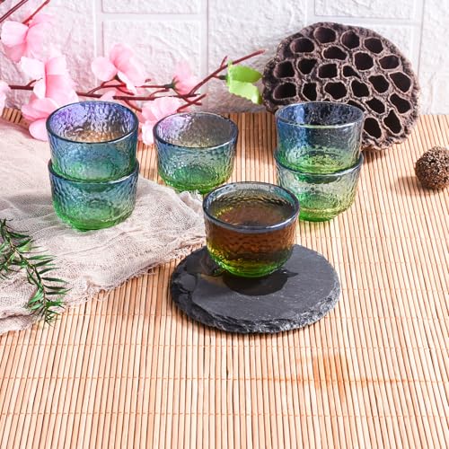 Whitenesser Set of 6 Blue Green Hammered Glass Sake Cups 2.2" Small Drinkware