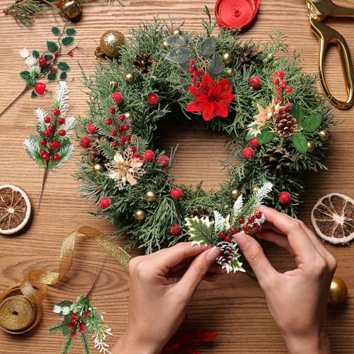 Suncalla 24 Pcs Christmas Berry Picks with Pinecones Holly - Holiday Decor