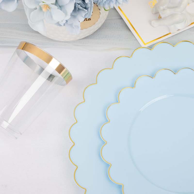 LIYH 210 Pcs Light Blue Plastic Dinnerware Set - Baby Blue Plastic Plates Napkins with Gold Foil Include Bridal Shower Plates Disposable Gold Silverware Napkins Cups for Birthday 30 Guests