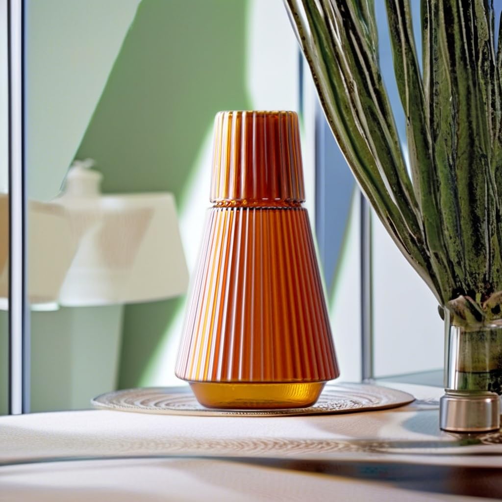 Sizikato 30 Oz Classic Striped Glass Bedside Night Water Carafe with Tumbler Glass.