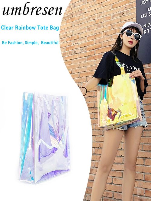 umbresen Clear Tote Bag, 2-Pack Holographic Rainbow Iridescent Handbag for Sports Fan Games, Work, Security Travel, Stadium Venues or Concert