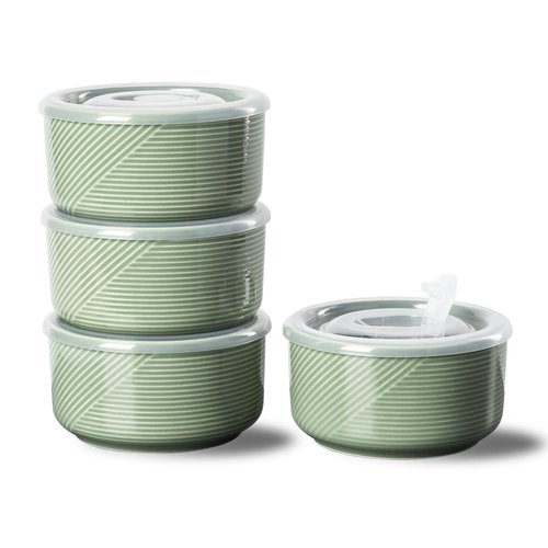 Adewnest Ceramic Bowls with Lids: 20 oz Microwave Safe Food Storage Containers for Soup, Salad, Cereal, Leftovers, Meal Prep, Lunch, Picnic, Camping, Serving - Airtight, Green, Set of 4