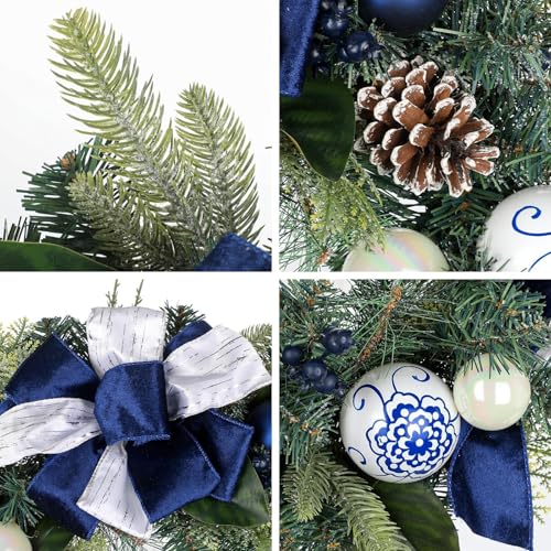 24 Inch Blue and White Christmas Wreath with Bows, Berries & Pinecones for Front Door Holiday Decor