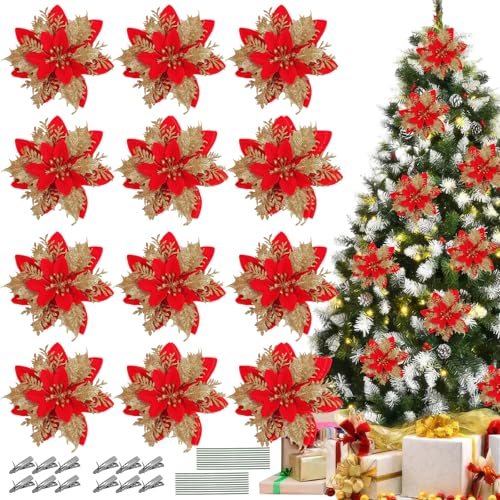 BASEMMAHER 12 Pcs Christmas Glitter Poinsettia Flowers with Clips & Stems - Red Gold