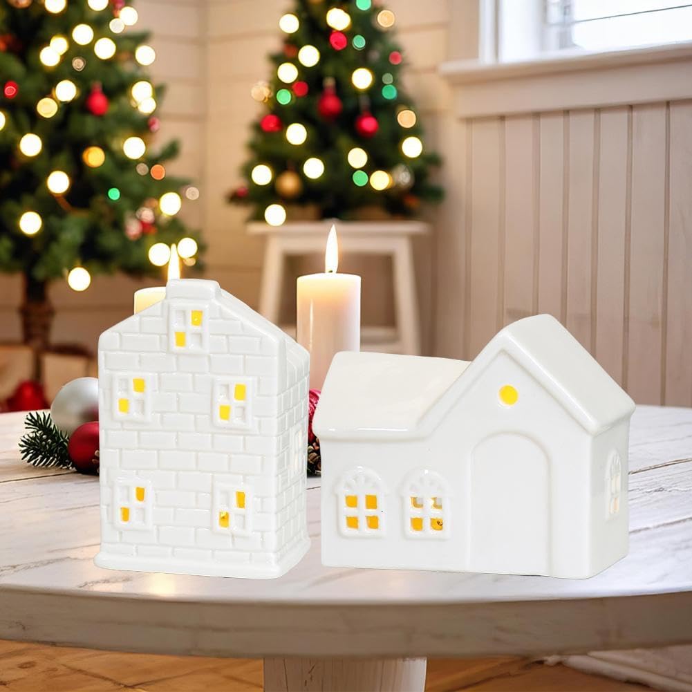 Regine Switzerland Christmas Village Houses - Illuminated White Ceramic Set with Remote Control | Rustic Holiday Decor for Tabletop Display