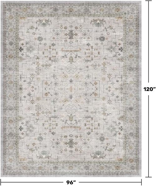 Hazo Haus Boho Light Grey Area Rug - Modern Vintage Floral Design | 8x10 Washable Non-Slip for Living Room