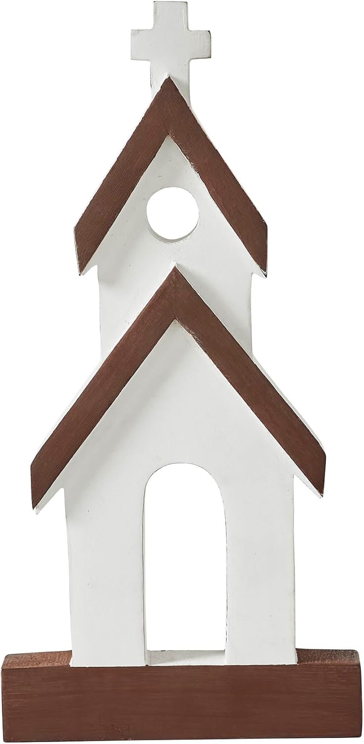 VHC Brands Wooden Church Figurine - Brown Roof Design | 12"x6"x1" Perfect Home Decor