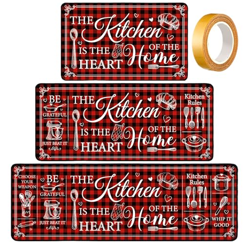 3-Piece Farmhouse Kitchen Rug Set, Non-Slip Red Mats for Floor & Home Decor
