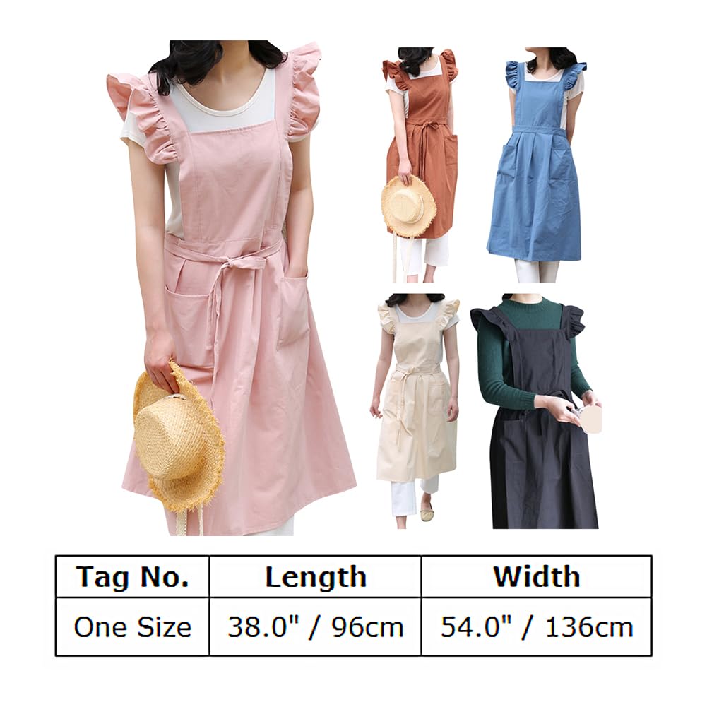 ODIZLI Apron Cute Dress for Women Frill Cross Back Cotton Linen Japanese Apron With Pockets Maid Pinafore Apron Housewife Garden Cooking Baking Pottery Pinafore Apron Brown One Size