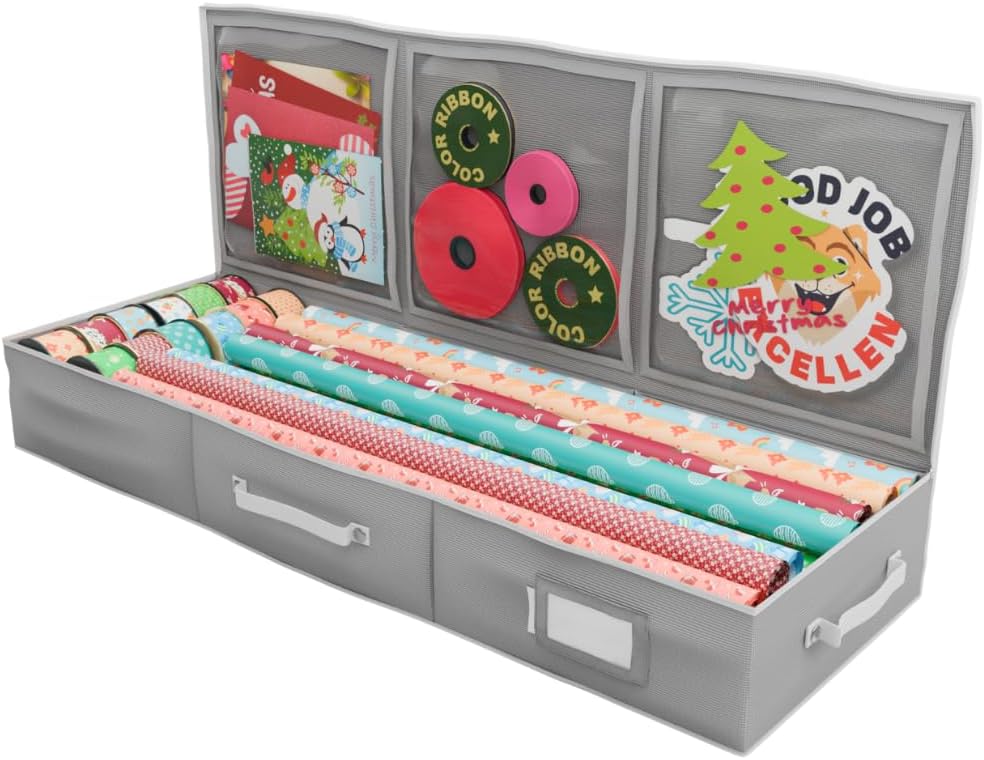 Primode Wrapping Paper Storage Container - Gift Wrap Organizer for 18-24 Rolls | 41”x14”x6” | Durable 600D Oxford Material | Grey