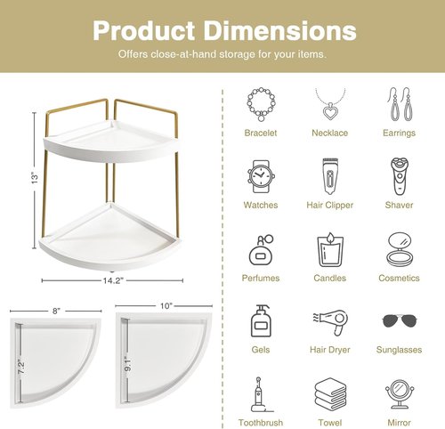Forbena Corner Bathroom Organizer - 2-Tier Countertop Storage for Makeup & Skincare | White & Gold