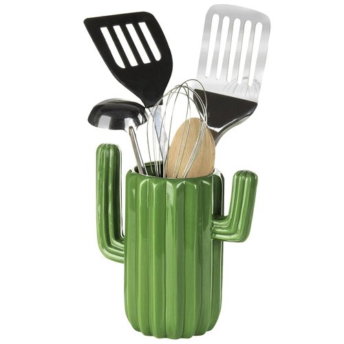 MyGift Ceramic Cactus Utensil Holder, Southwestern Green Countertop Crock – Durable Kitchen Organizer for Spoons, Paintbrushes, Desert & Cactus Home Decor