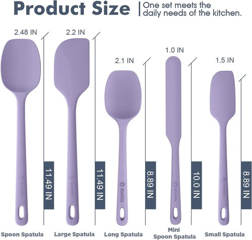 ChefAide Silicone Spatula Set - 5 Pieces, Ergonomic Heat-Resistant Rubber for Nonstick Cookware, 600°F
