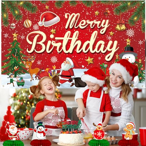 Roetyce Red Merry Birthday Christmas Party Banner – 70.8" Backdrop 5.9 ft