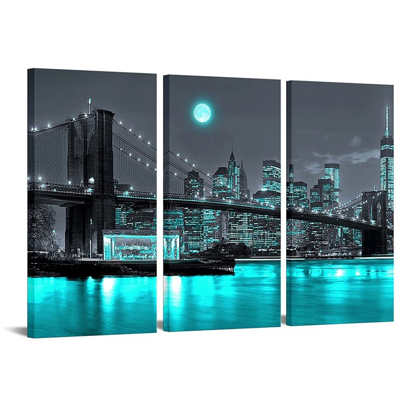 Canvbay 3 Pieces Black and Teal Brooklyn Bridge Canvas Wall Art New York City under Full Moon Pictures Manhattan Cityscape Night Scene Poster Artwork Print Framed Modern Home Office Decor