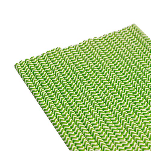 Webake Green Chevron Paper Straws 100ct 7.75in Biodegradable, Disposable, Wave Pattern