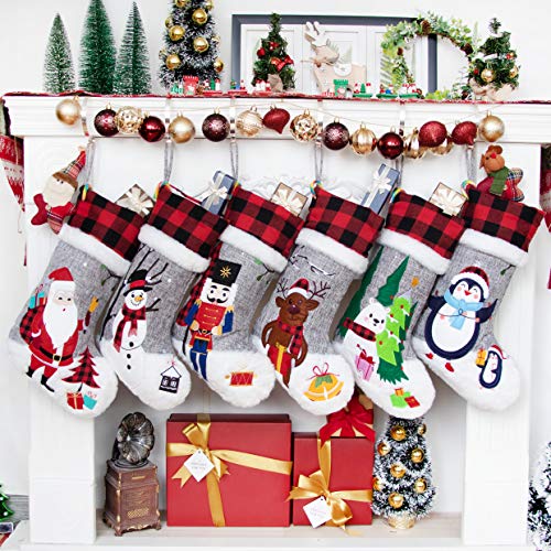 20-Inch Christmas Stockings Set of 6 - Gray Burlap & Red Plaid Faux Fur