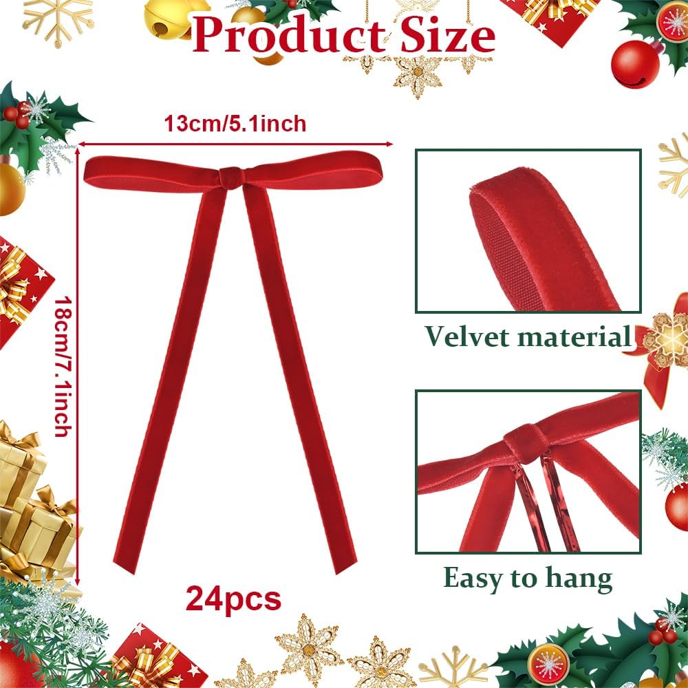 Quimoy Velvet Christmas Bows - 24 Pcs Red Ribbon Ornaments for Tree, Wreath & Garland | 5x7 Inch