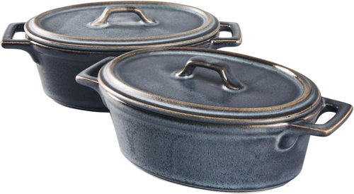 Ceramic Mini Oval Cocotte Set - 10 Oz Small Casserole Dishes with Lids | Set of 2, Blue, Oven & Microwave Safe