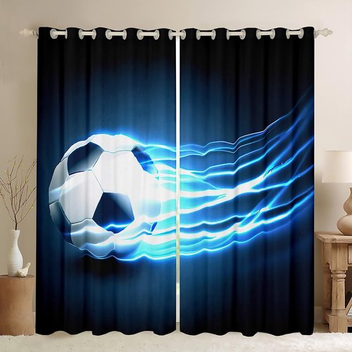 Feelyou Football Curtains Blue Flame Soccer Curtain for Bedroom Living Room Kids Boys Teens Sports Windows Drapes 52W x 84L Inches 2 Panels