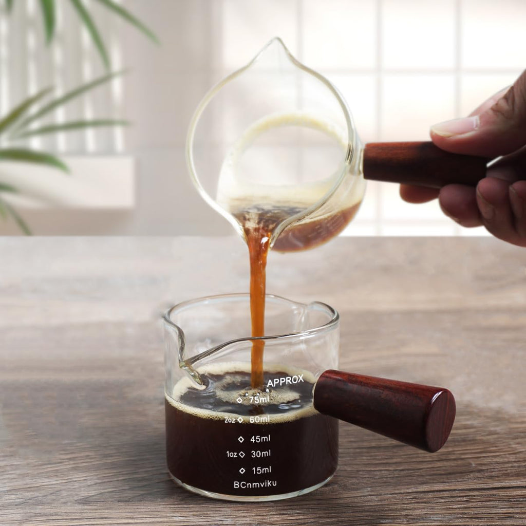 2 PCS Double Spouts Measuring Triple Pitcher Milk Cup with Wood Handle 75ML Espresso Shot Glasses Parts Clear Glass By BCnmviku