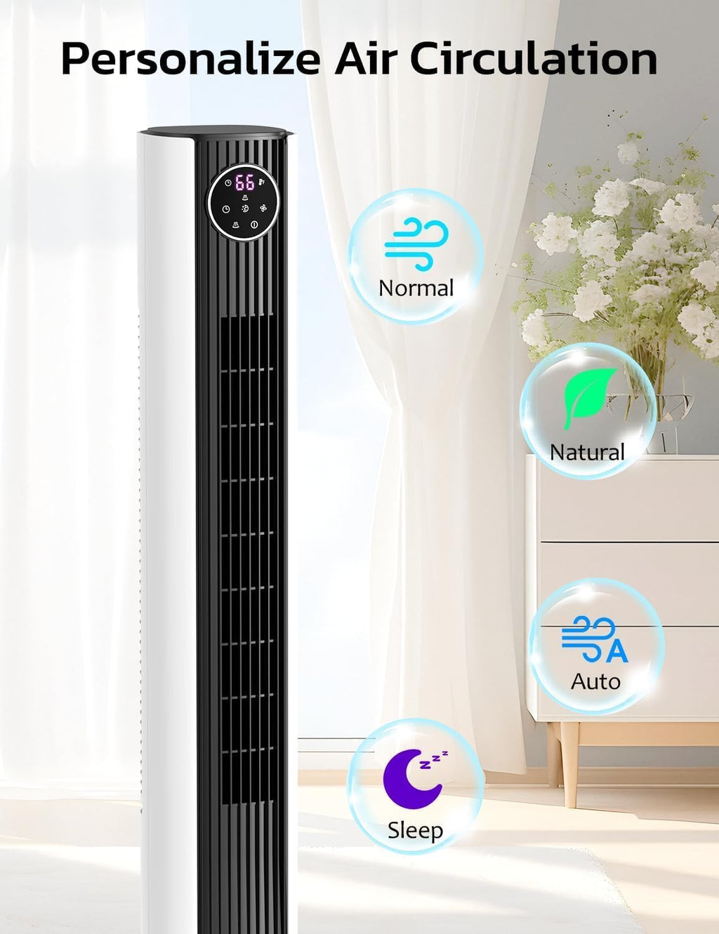 ZAFRO Tower Fan - 90° Oscillating Standing Fan with 4 Modes, 3 Speeds, 12H Timer | 36 Inches, Black & White
