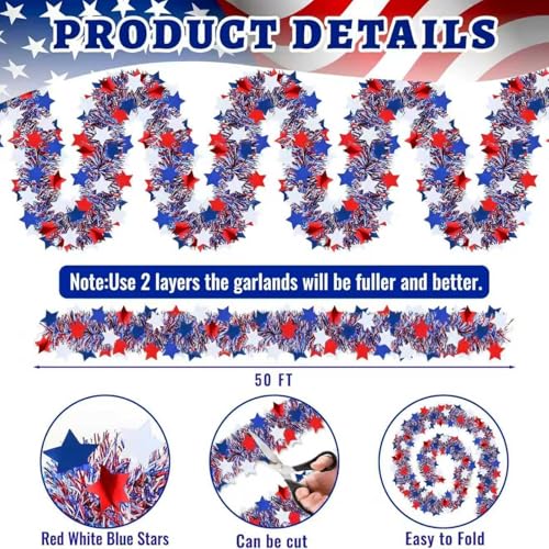 50ft Patriotic Red White Blue Metallic Tinsel Star Garland for 4th of July