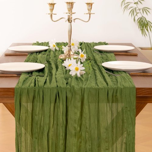 **Socomi Cheesecloth Table Runner - Boho Rustic Green 120 Inch for Weddings, Parties & Home Decor**