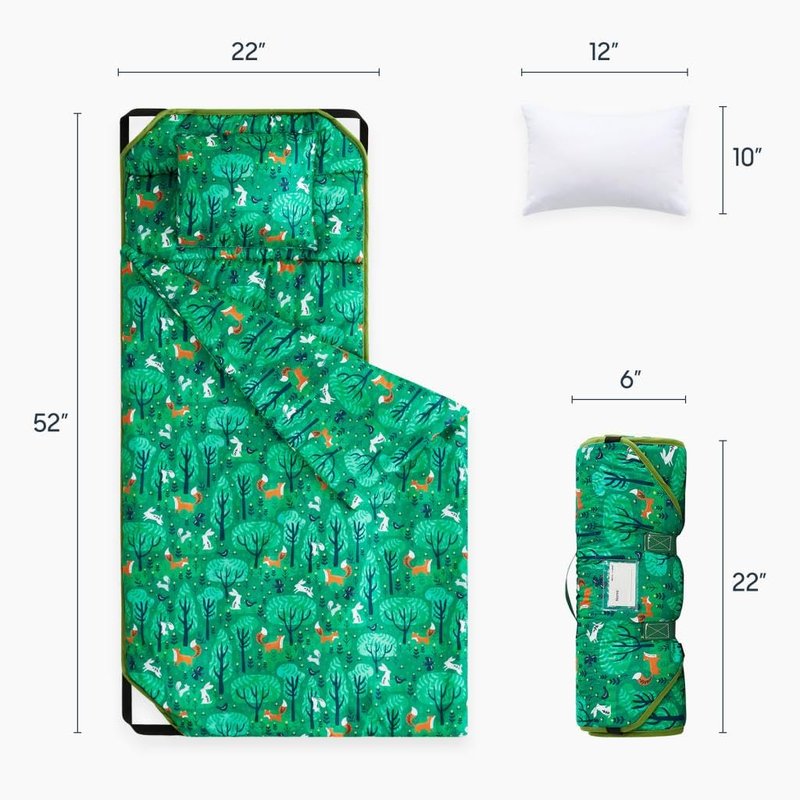 Wake In Cloud - Cot Nap Mat with Pillow and Blanket, for Toddler Kids Boys Girls in Daycare Kindergarten Preschool Pre K with Elastic Corner Straps, Cartoon Animals Trees, Forest Green