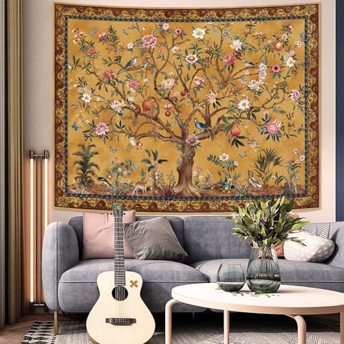 Boho Tree of Life Tapestry - Vintage Floral & Bird Aesthetic Wall Hanging