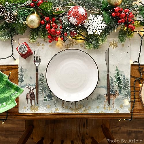 Christmas Kitchen Mats & Placemats Set - Deer Holiday Decor, 4 Pieces