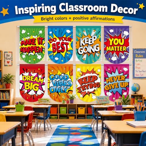 8-Piece Hero Themed Classroom Window Valance Curtains, 36x24 Inch