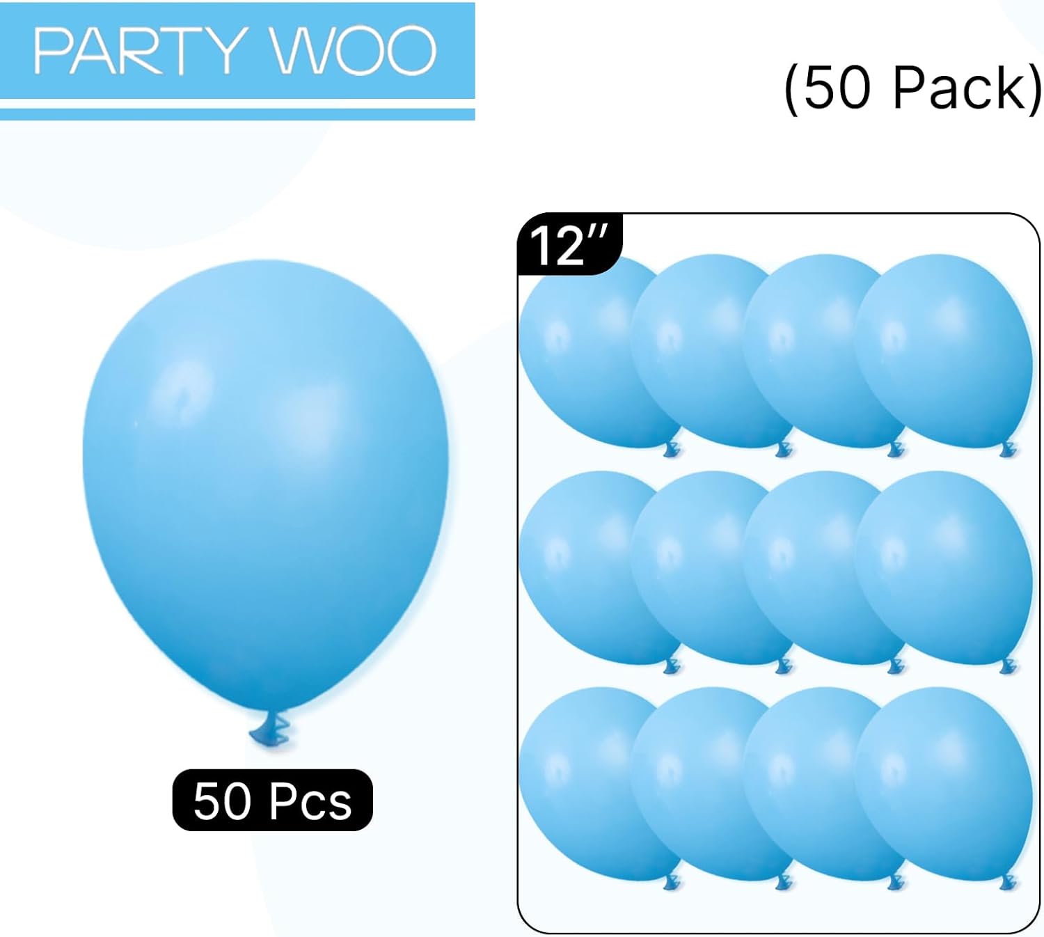 PartyWoo Light Blue Balloons - 50pcs 12 Inch Pastel Latex Helium Balloons for Baby Shower & Parties