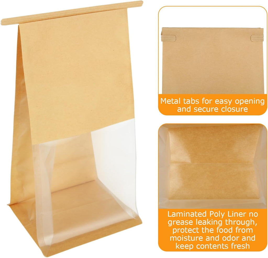 Skiennix Bakery Bags - 150PCS Brown Tin Tie Tab Lock Bags with Window | 5.1 x 4.3 x 11.2 Inch for Cookies & Gifts