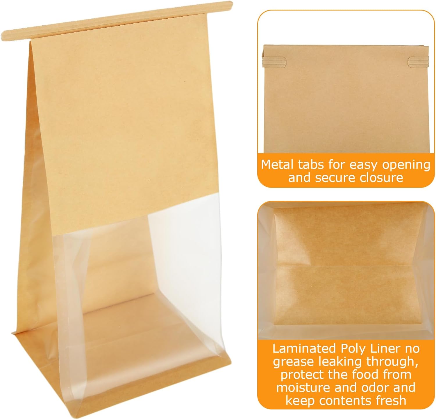 Skiennix Bakery Bags - 150PCS Brown Tin Tie Tab Lock Bags with Window | 5.1 x 4.3 x 11.2 Inch for Cookies & Gifts